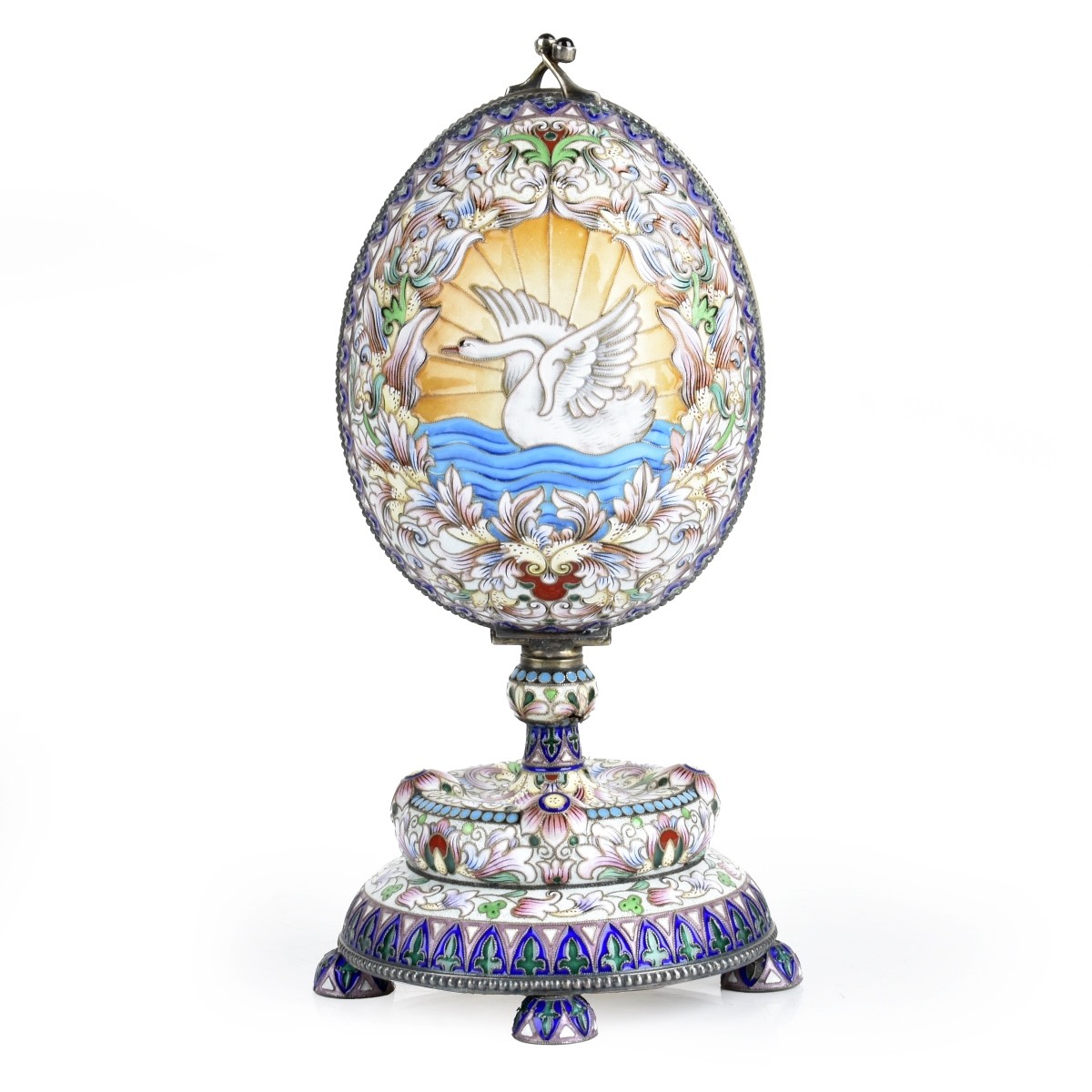 Russian Enamel Silver Gilt Egg on Stand