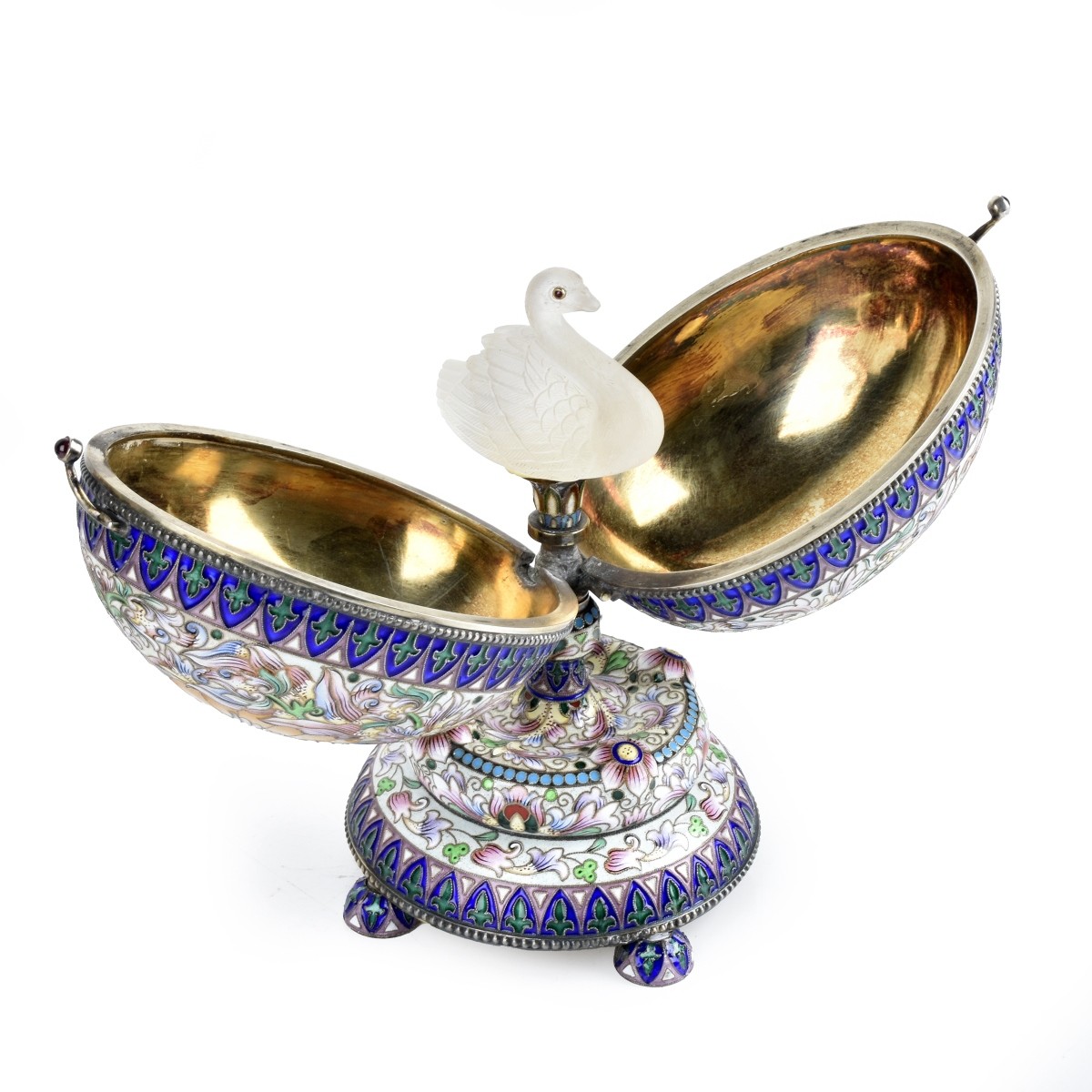 Russian Enamel Silver Gilt Egg on Stand