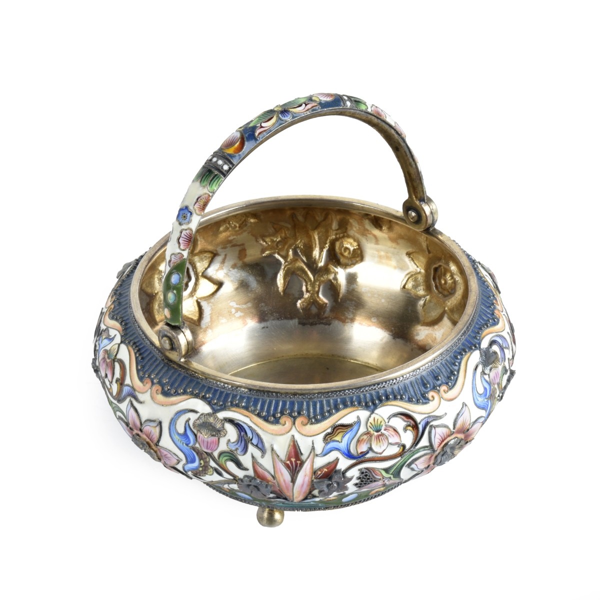 Russian Enamel Silver Sugar Basket