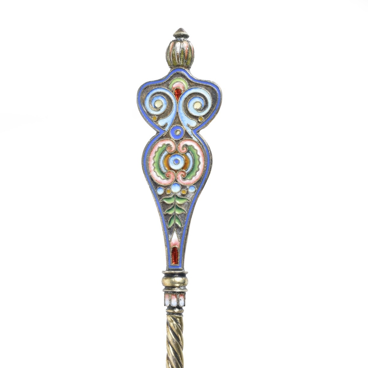 Russian Enamel Silver Gilt Serving Spoon