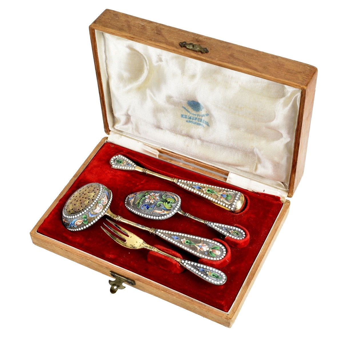 Russian Enamel Silver Gilt Tea Flatware