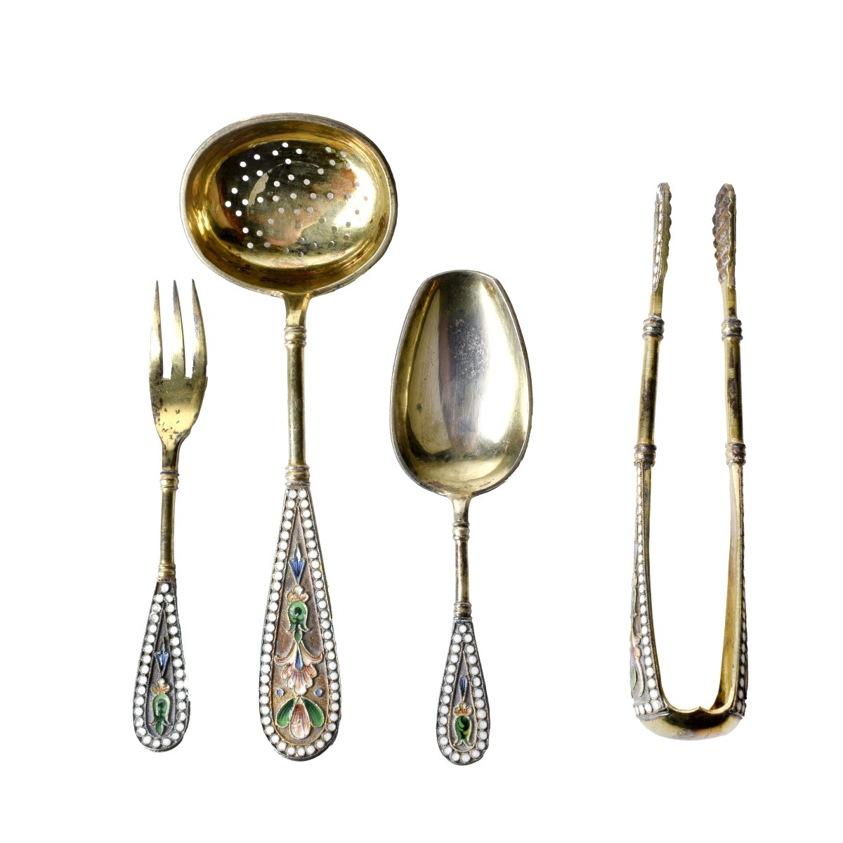 Russian Enamel Silver Gilt Tea Flatware