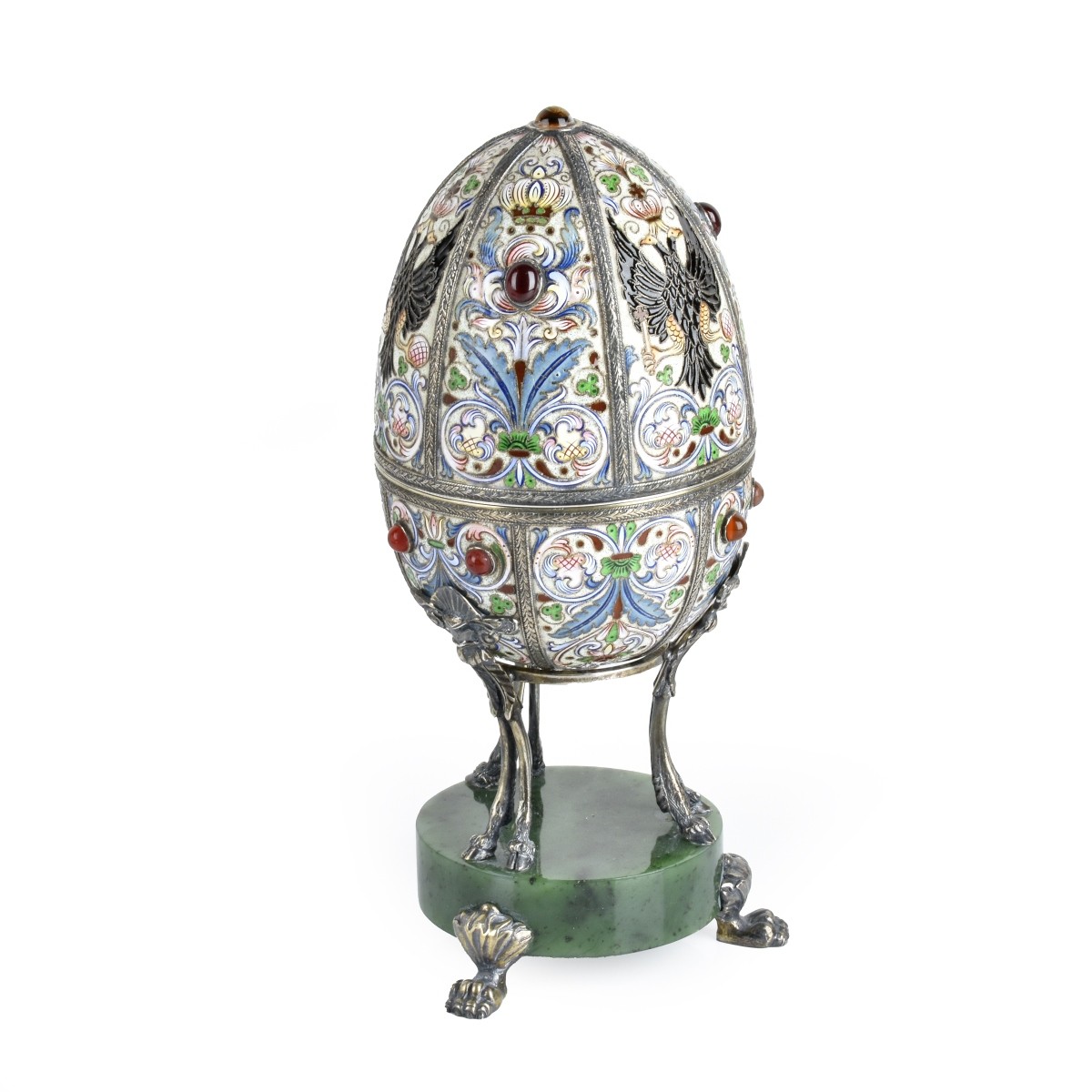 Russian Enamel Silver Egg and Stand