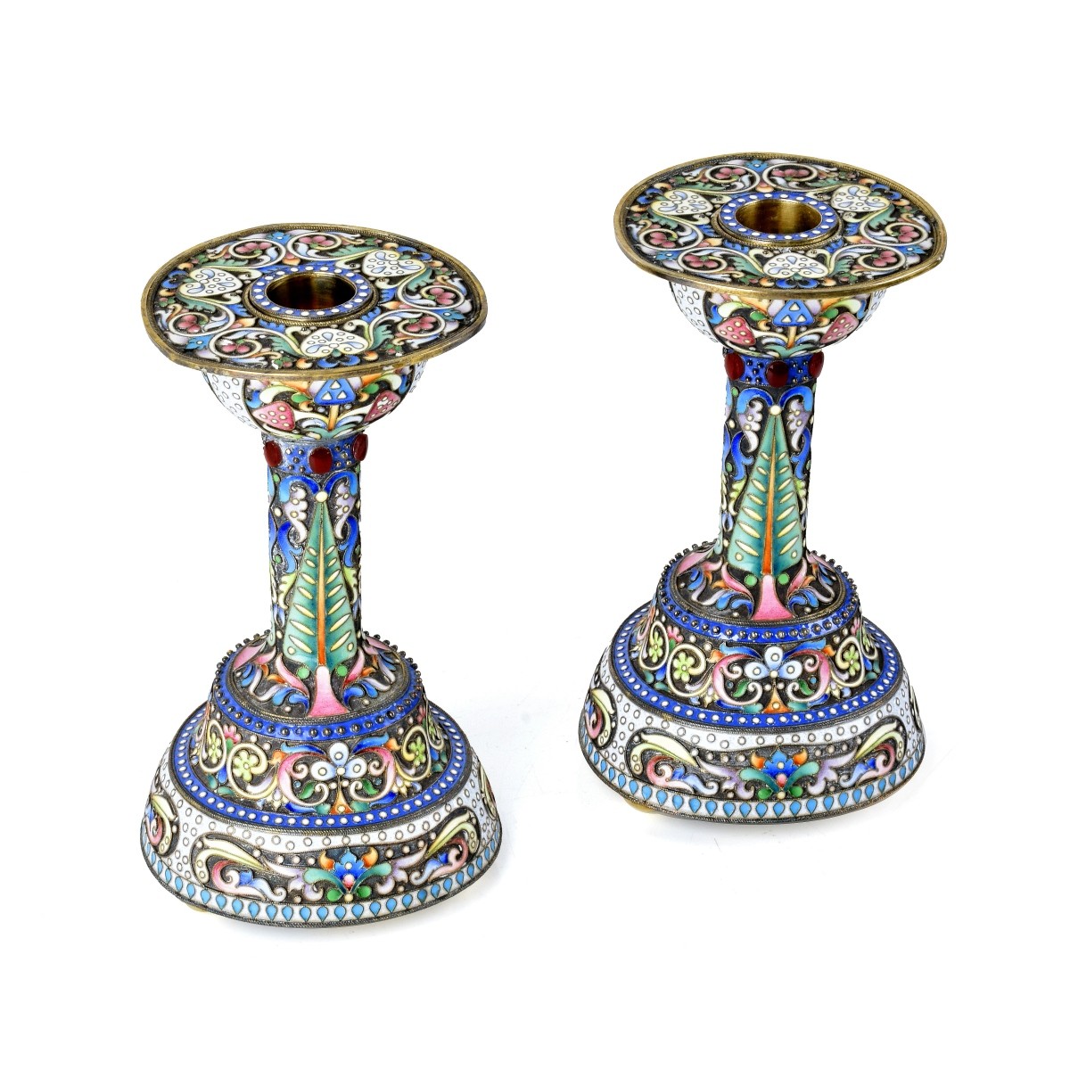 Russian Enamel Silver Gilt Candlesticks