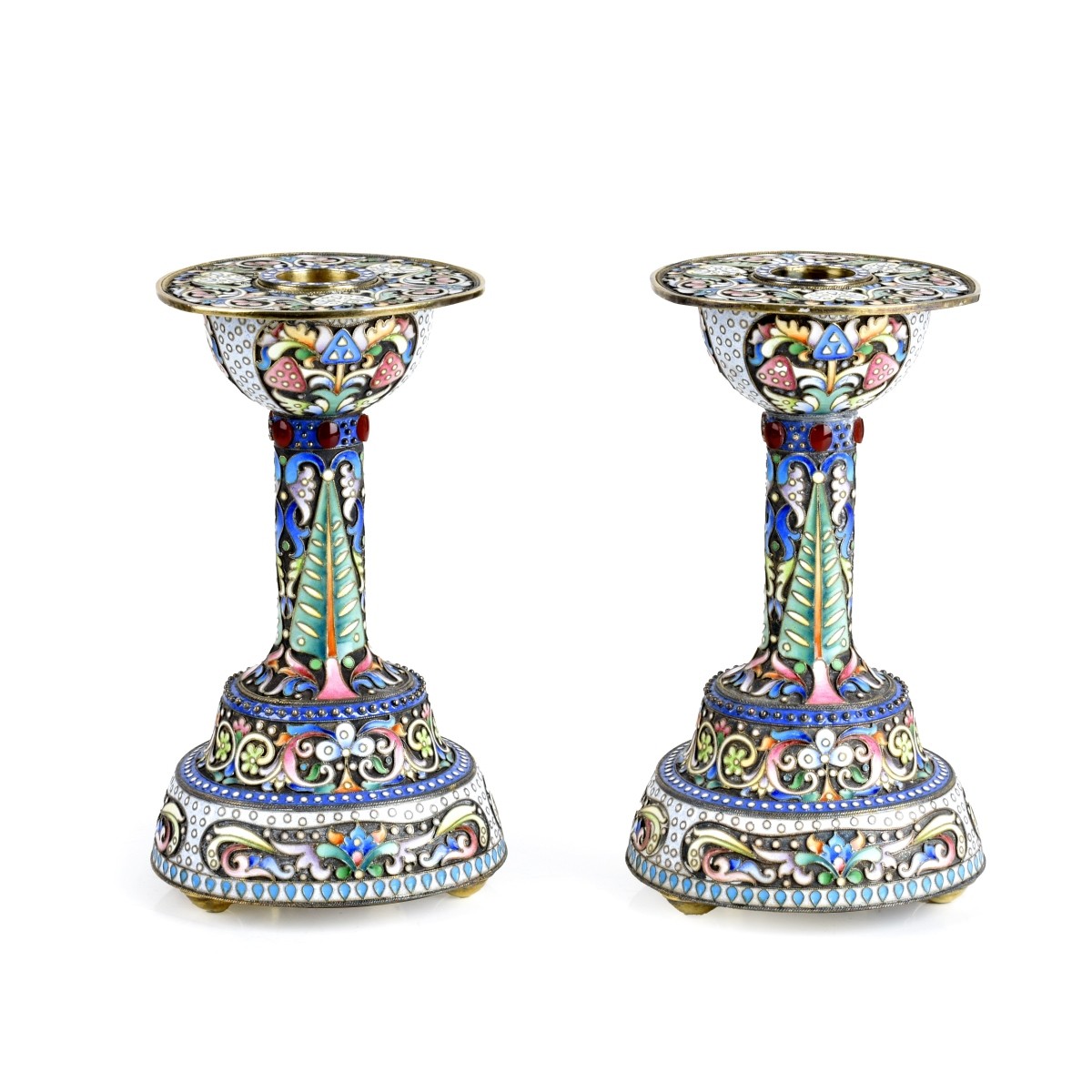 Russian Enamel Silver Gilt Candlesticks