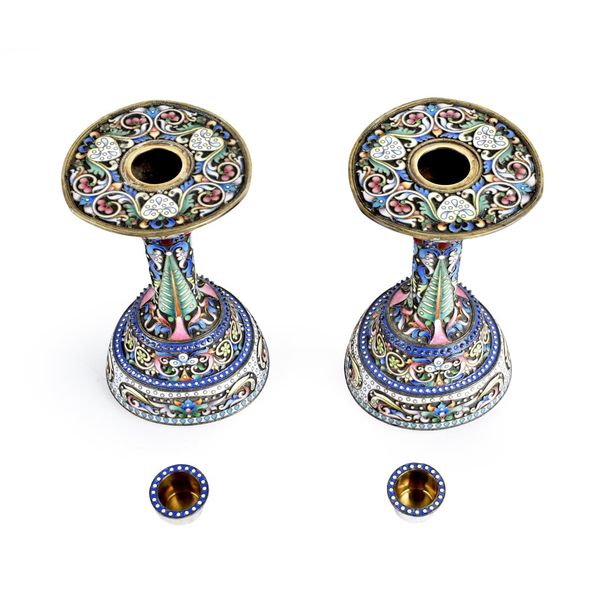 Russian Enamel Silver Gilt Candlesticks