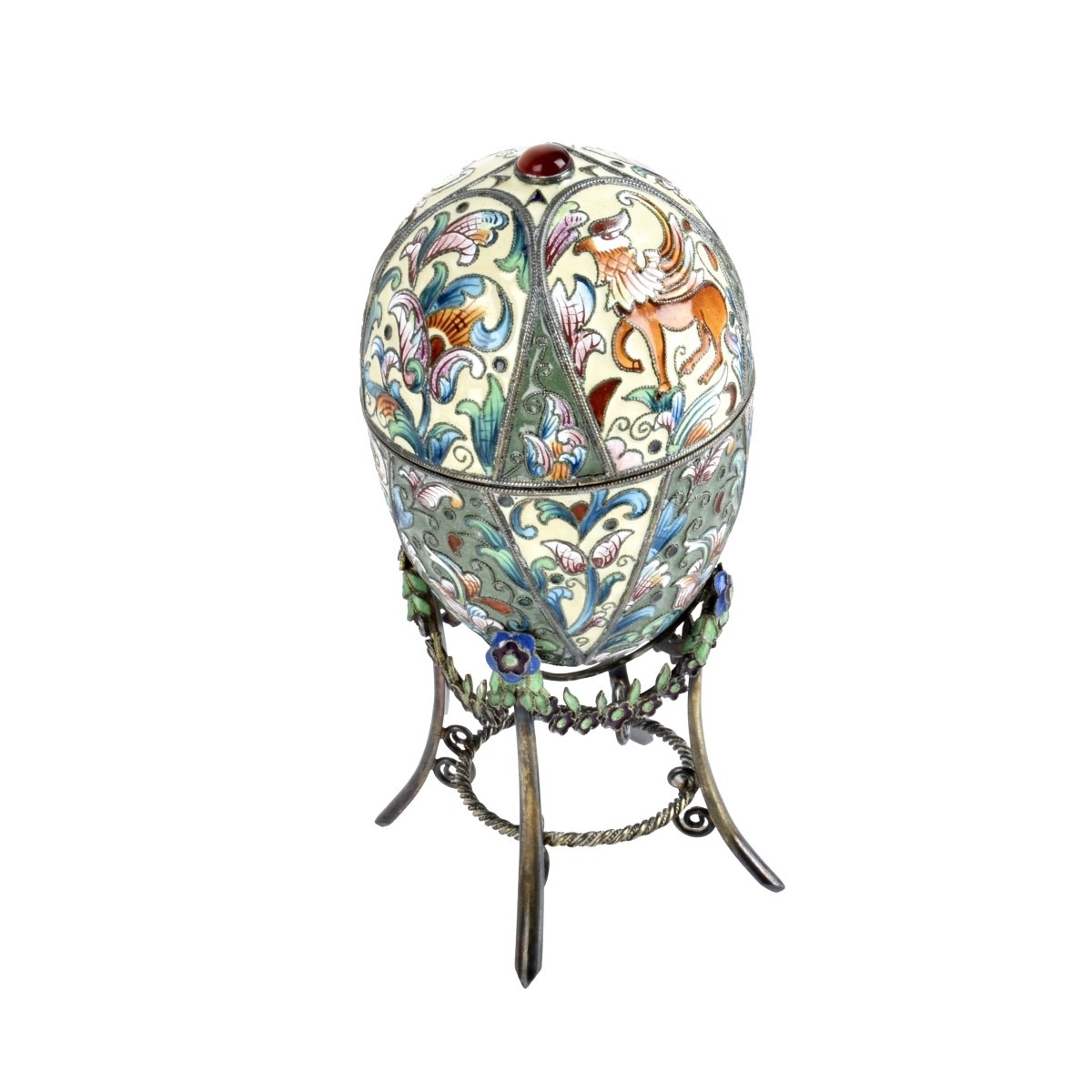 Russian Enamel Silver Egg and Stand