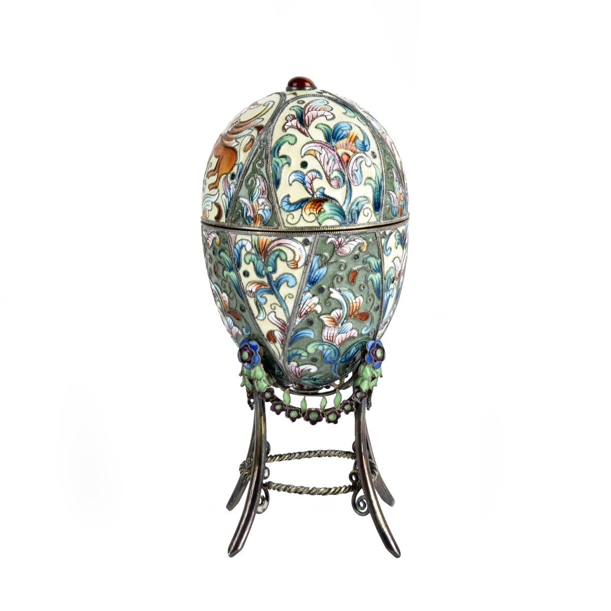 Russian Enamel Silver Egg and Stand