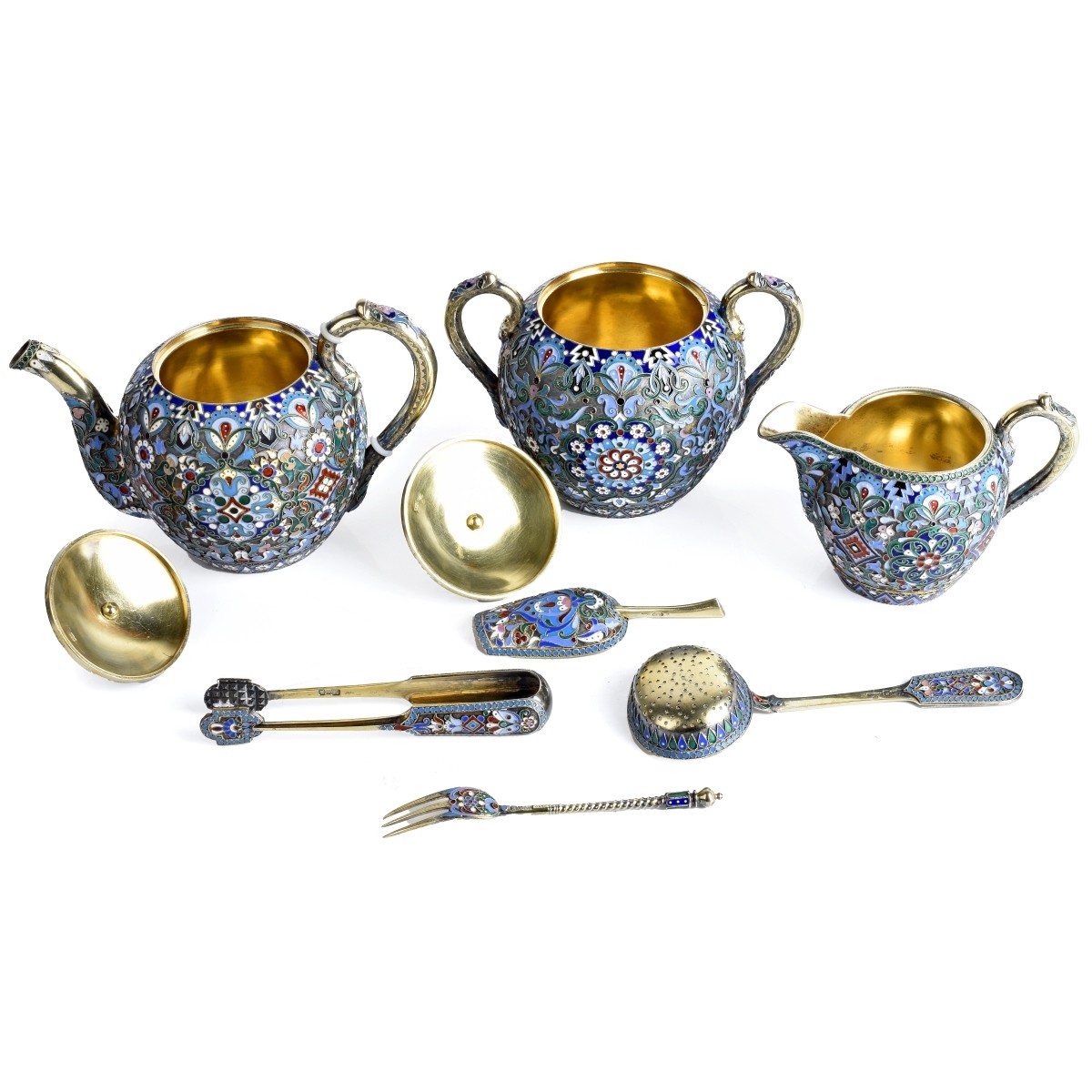 Russian Enamel Silver Gilt Tea Set