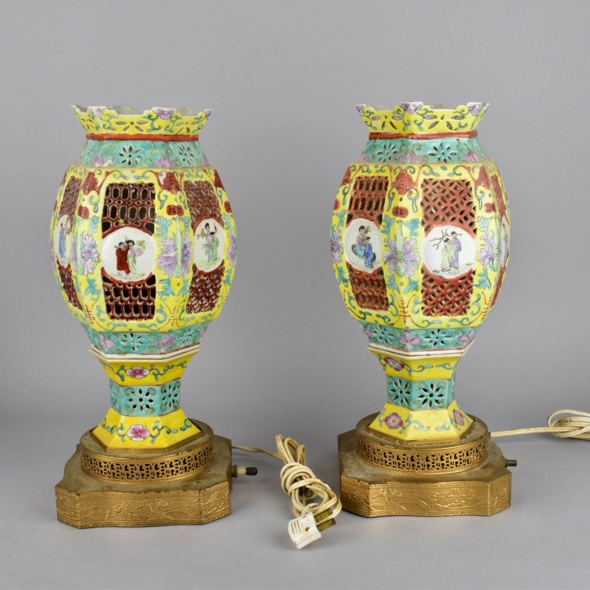 Pair of Chinese Famille Juane Marriage Lamps