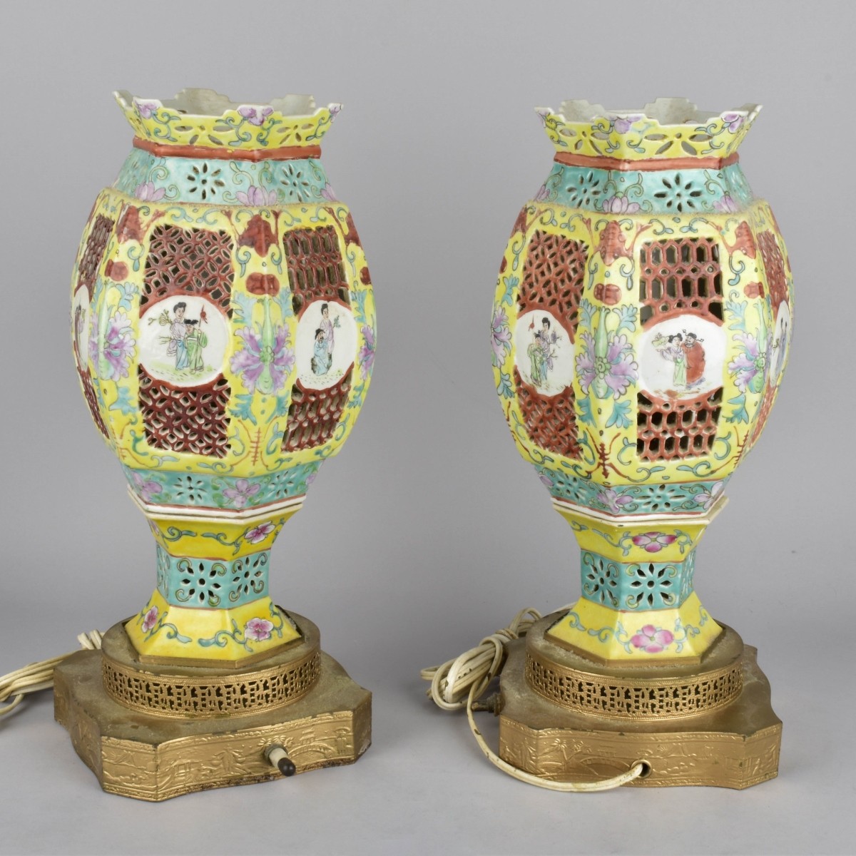 Pair of Chinese Famille Juane Marriage Lamps