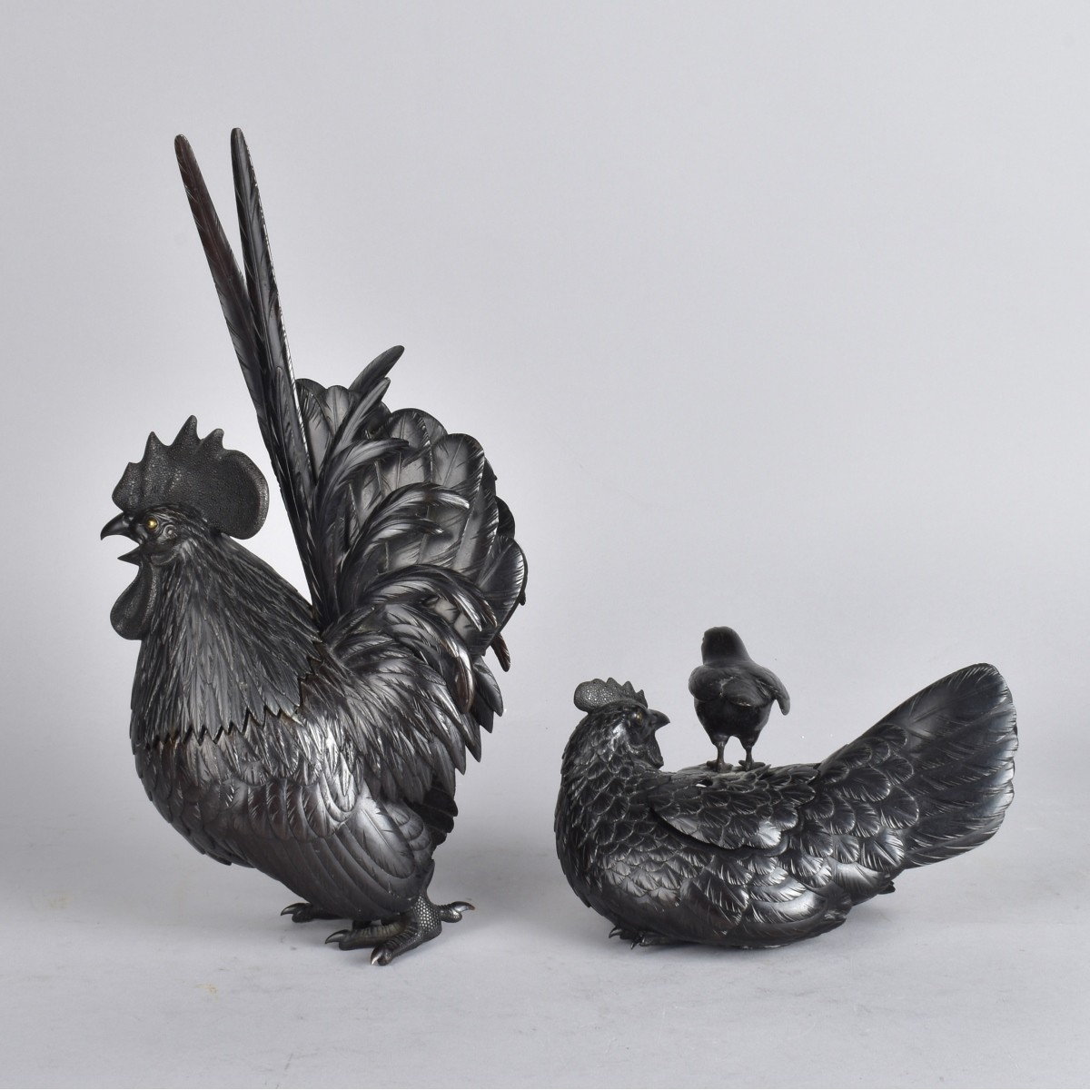 Meiji Bronze Rooster & Hen Incense Burner