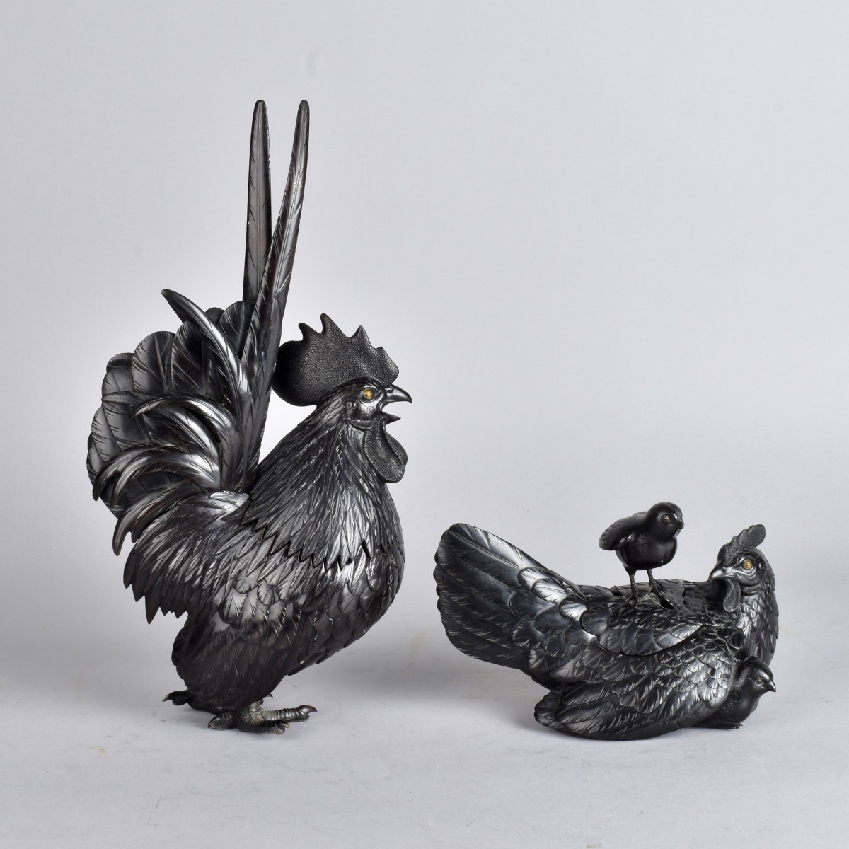 Meiji Bronze Rooster & Hen Incense Burner