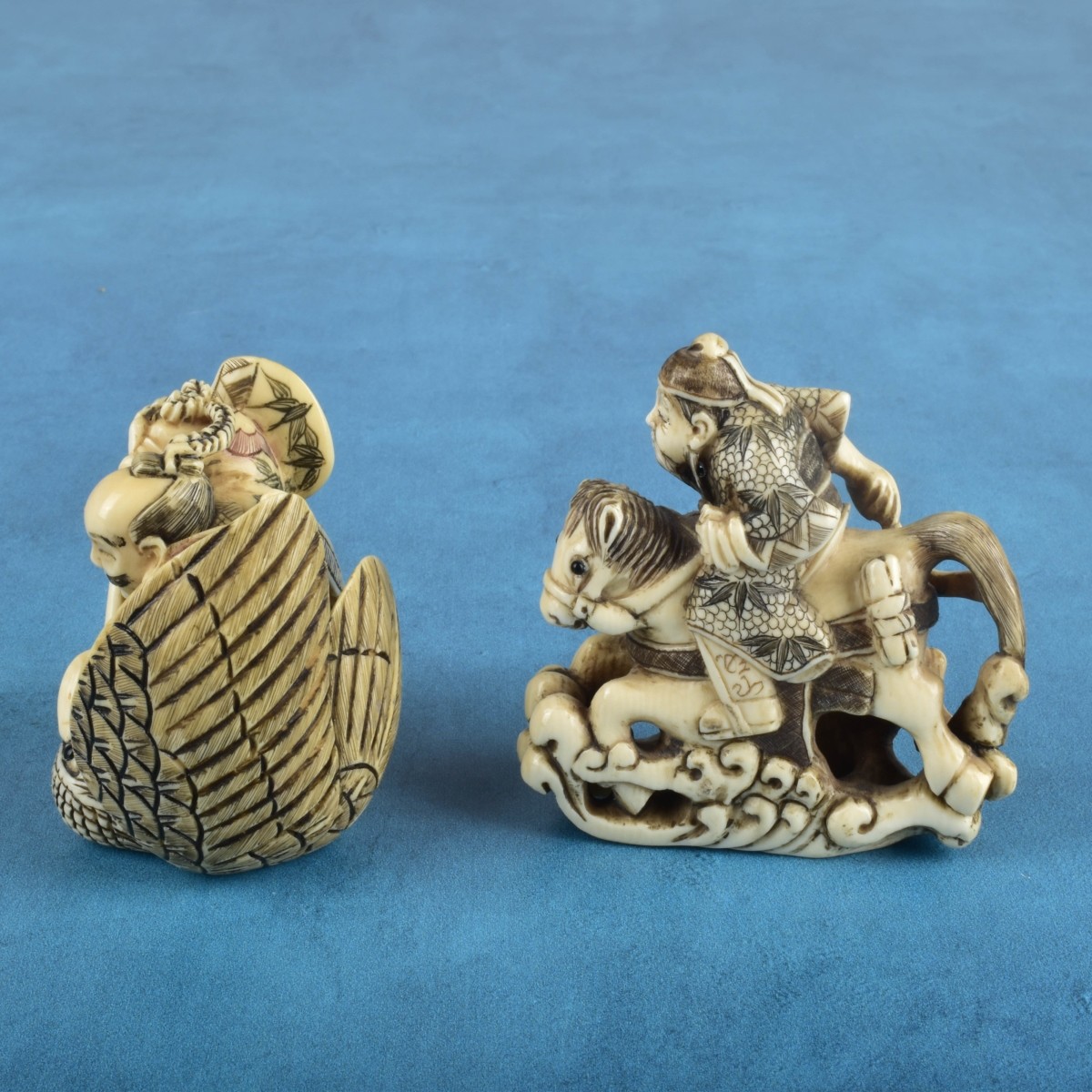 Two Antique Japanese Carved Miniature Figurines