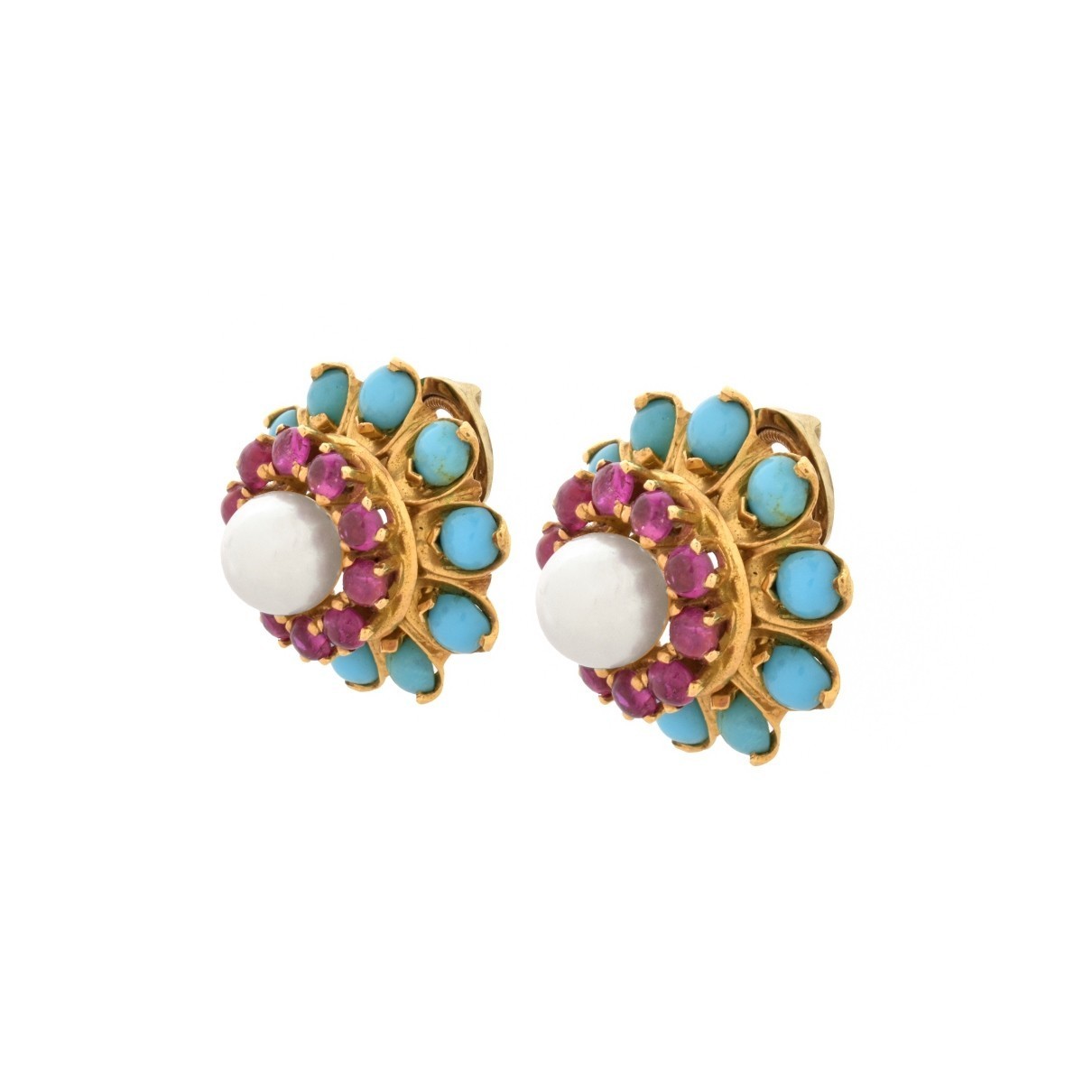 Ruby, Pearl, Turquoise and 18K Earrings