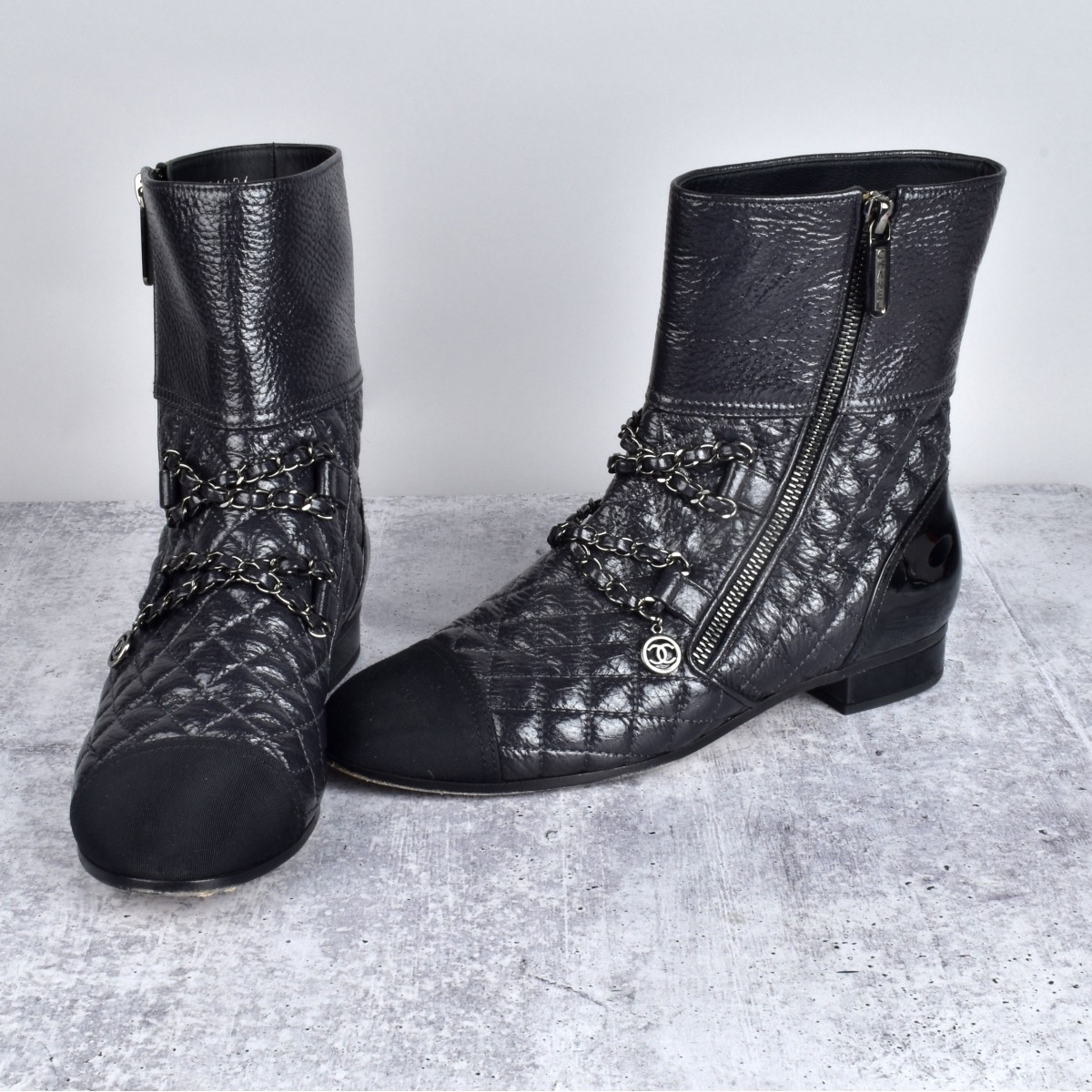 Chanel Patent Grosgrain Quilted Cap Toe Boots