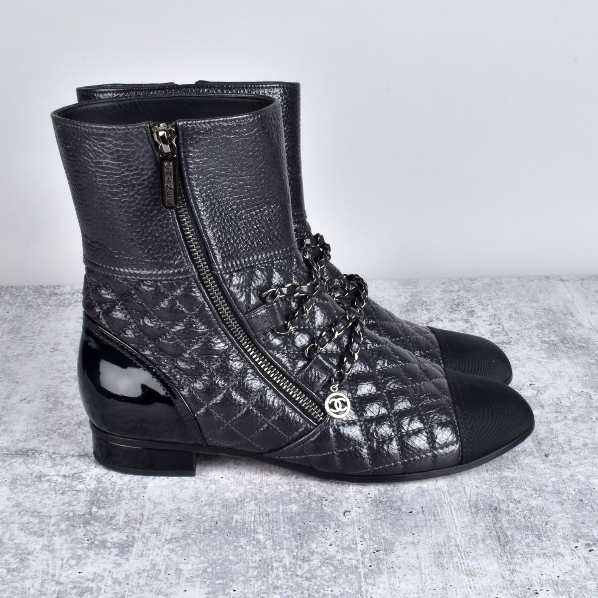 Chanel Patent Grosgrain Quilted Cap Toe Boots