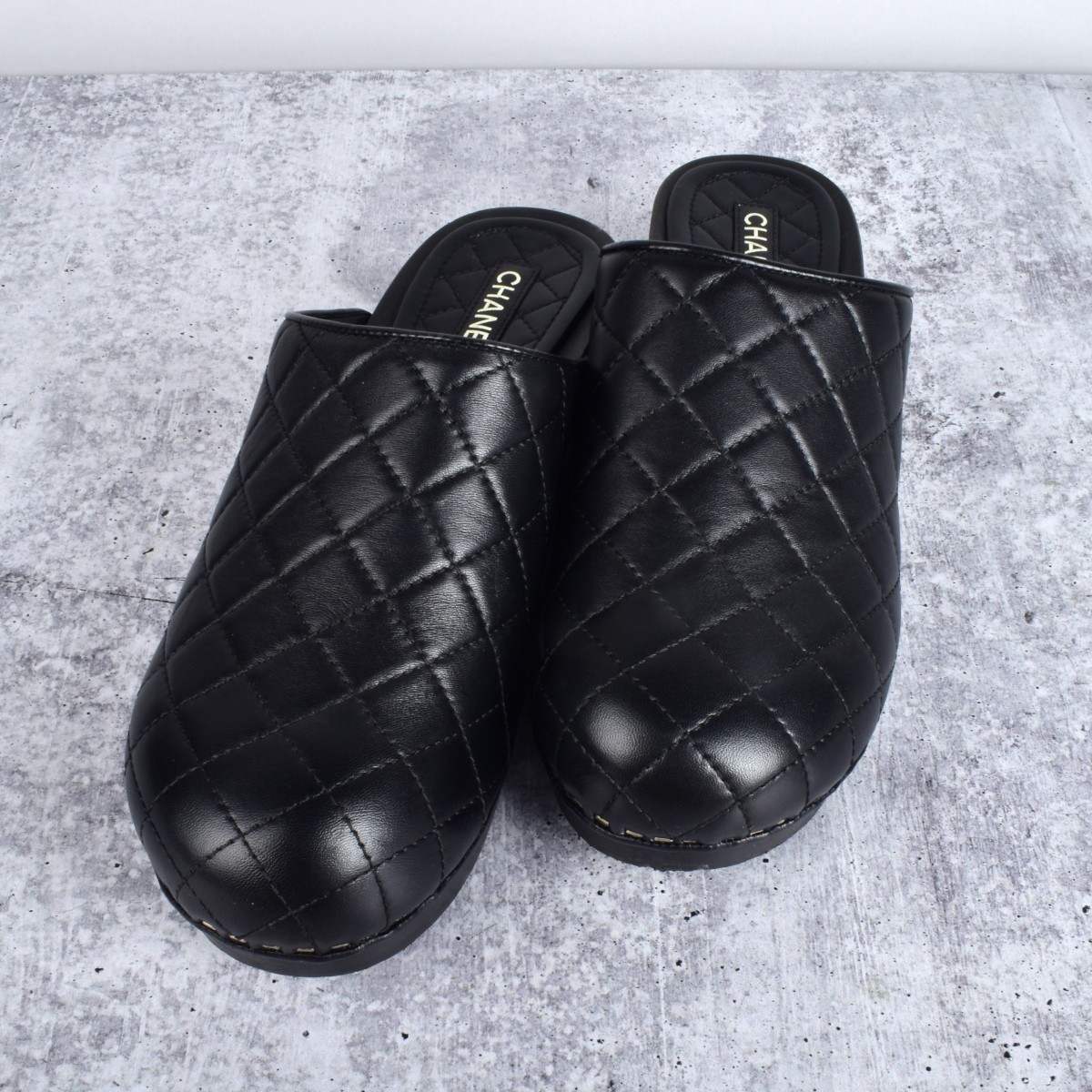 Chanel Quilted Black Lambskin Clogs