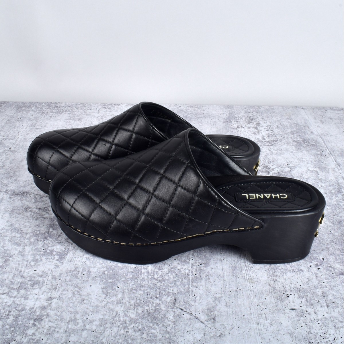 Chanel Quilted Black Lambskin Clogs