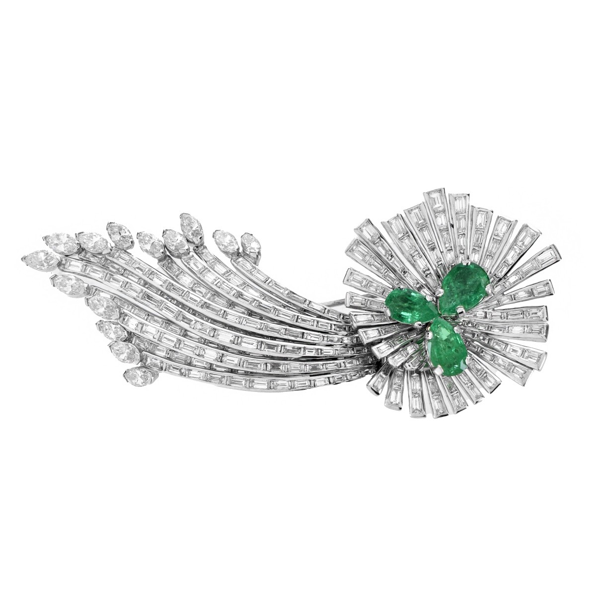 Deco Diamond, Emerald and Platinum Brooch