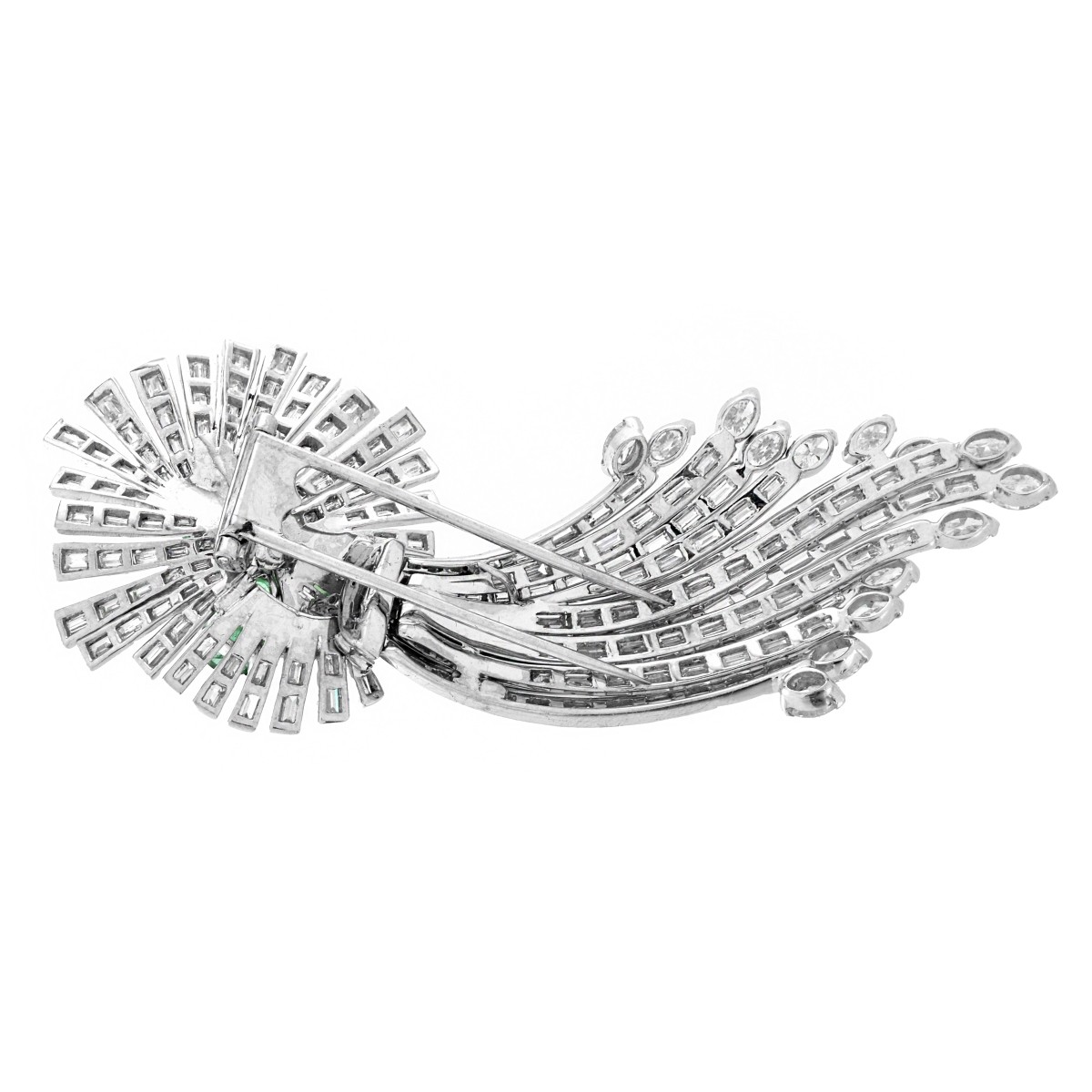 Deco Diamond, Emerald and Platinum Brooch