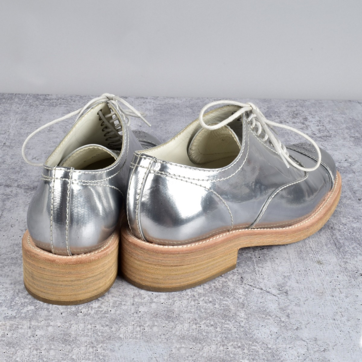 Chanel Silver Leather Oxfords