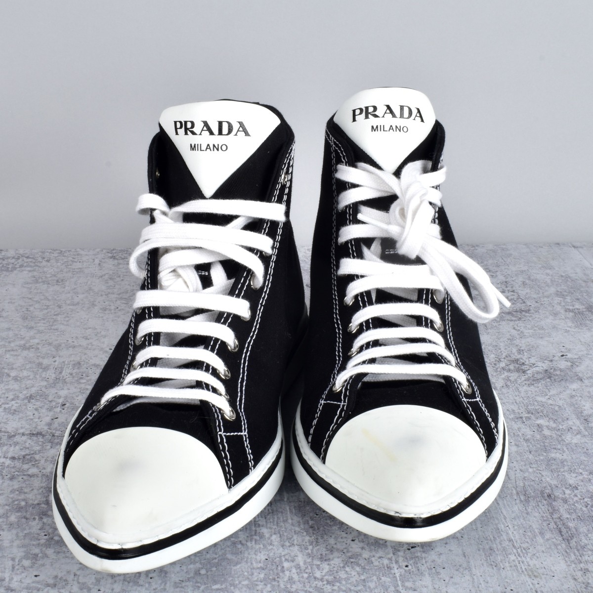 Prada Pointy Toe Black High Top Sneakers