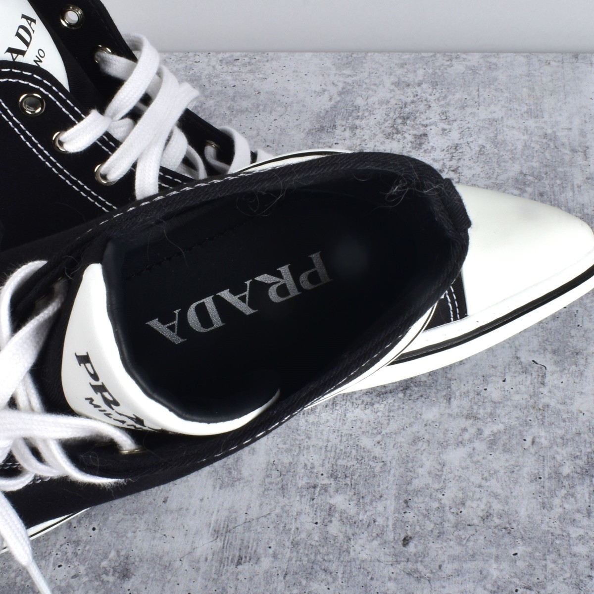 Prada Pointy Toe Black High Top Sneakers