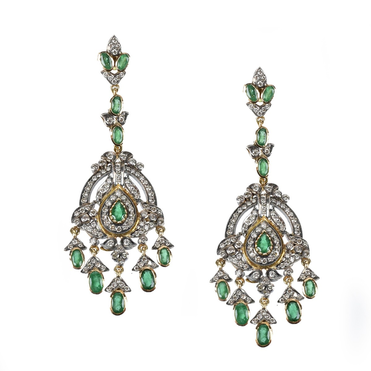 Emerald, Diamond, 14K and Silver Earrings