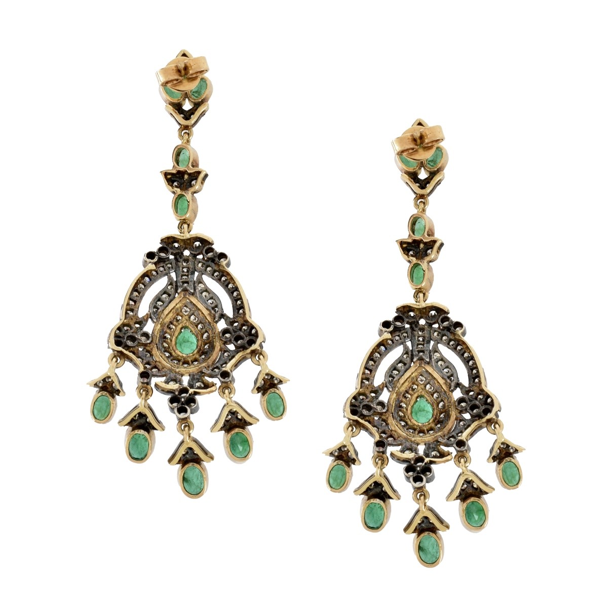 Emerald, Diamond, 14K and Silver Earrings