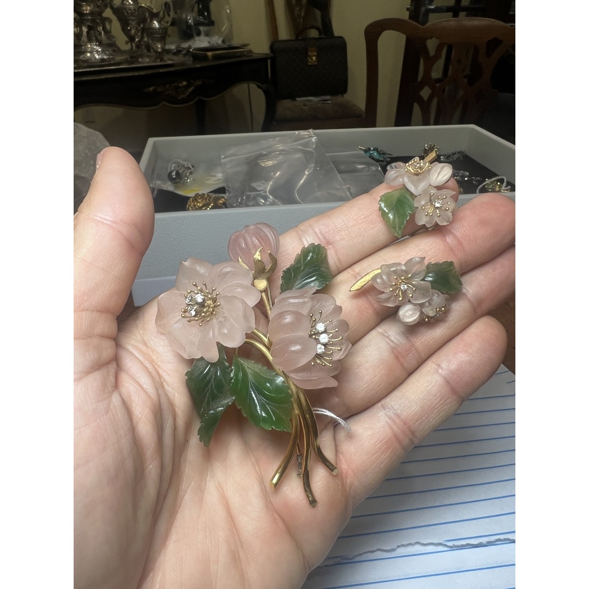 Quartz, Jade and 18K Brooch and Earrings