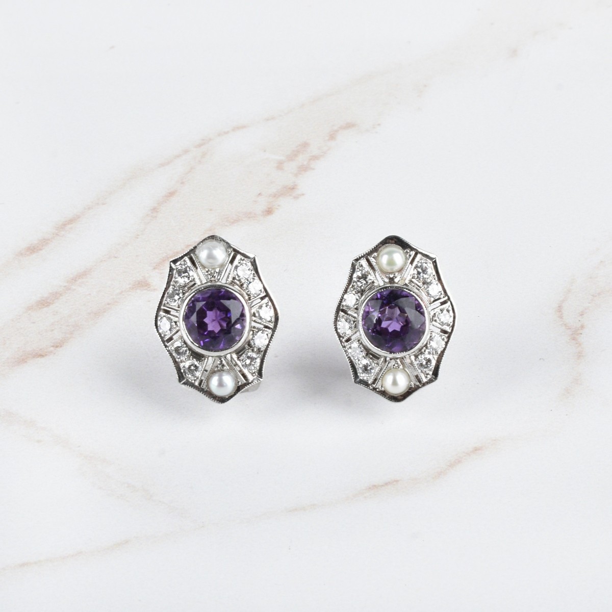 Deco Amethyst, Diamond, Pearl and 14K Earrings