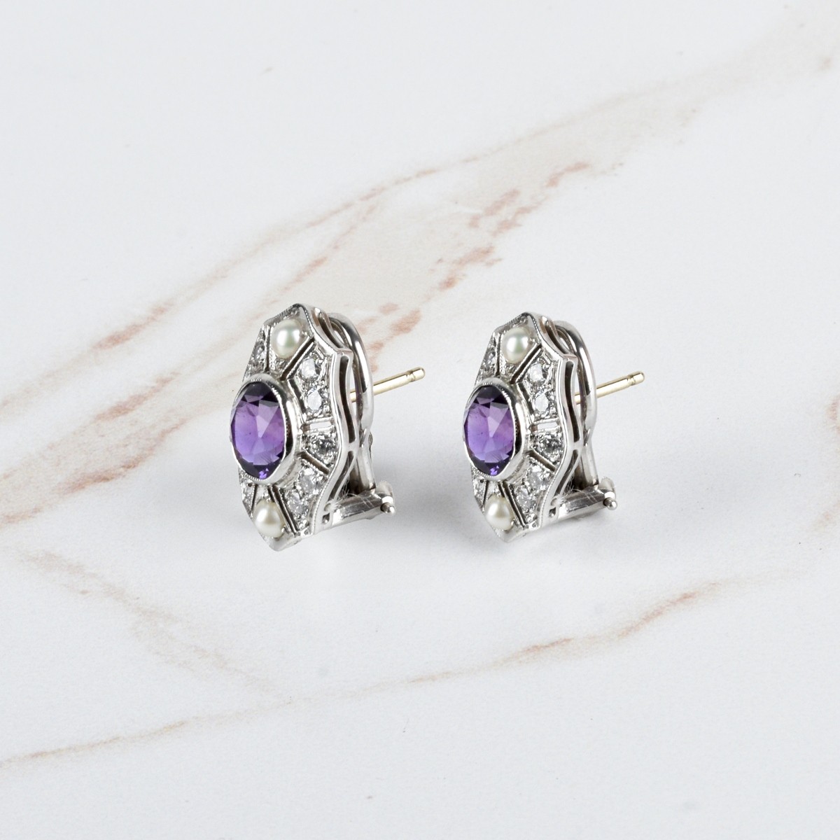 Deco Amethyst, Diamond, Pearl and 14K Earrings