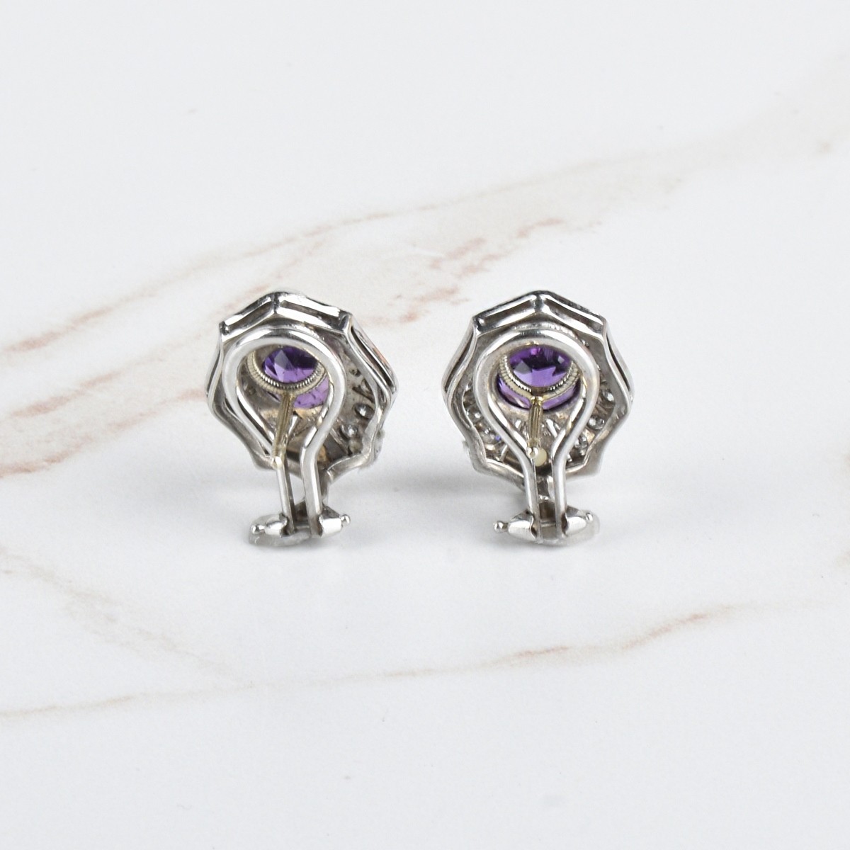 Deco Amethyst, Diamond, Pearl and 14K Earrings