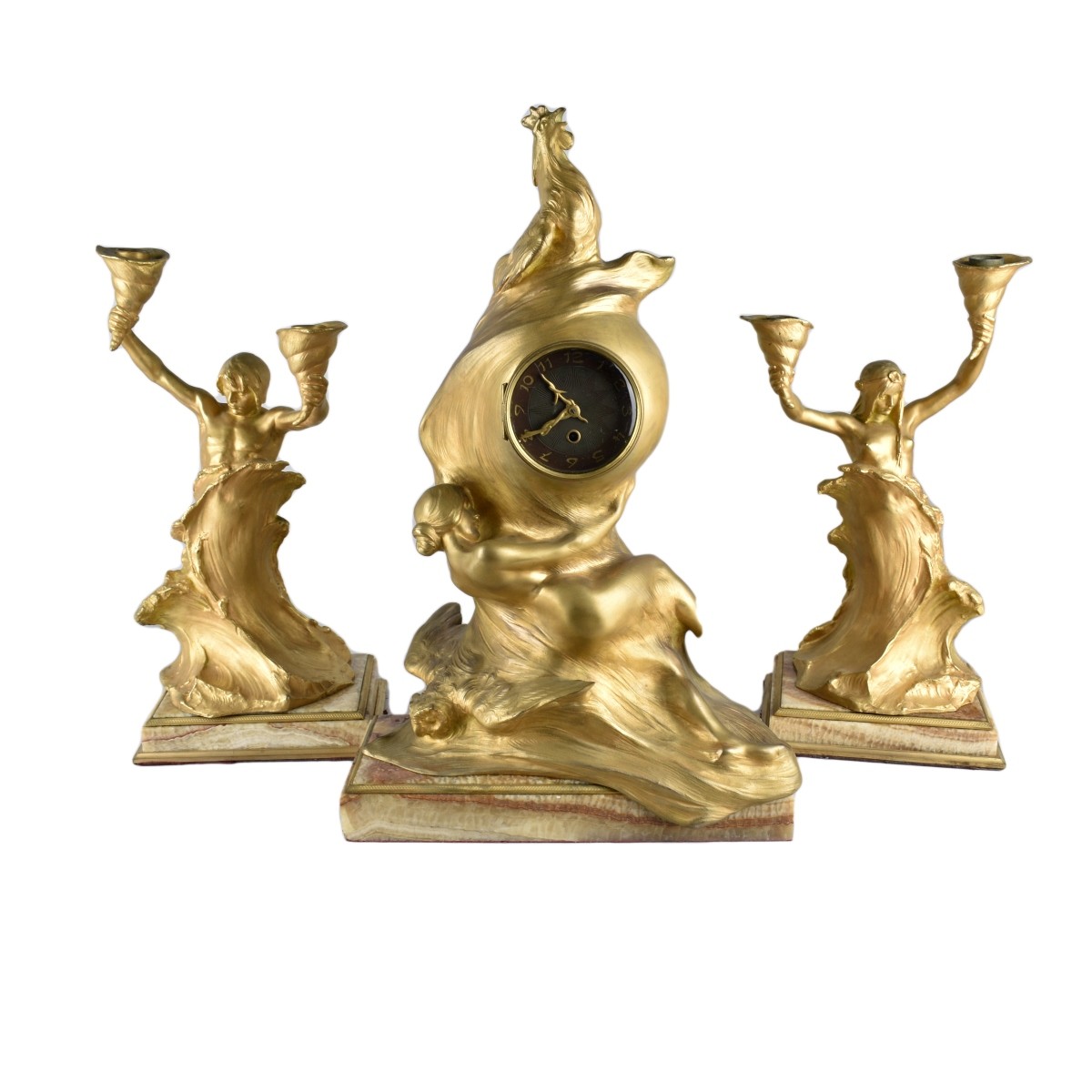 Art Nouveau Bronze Clock Garniture