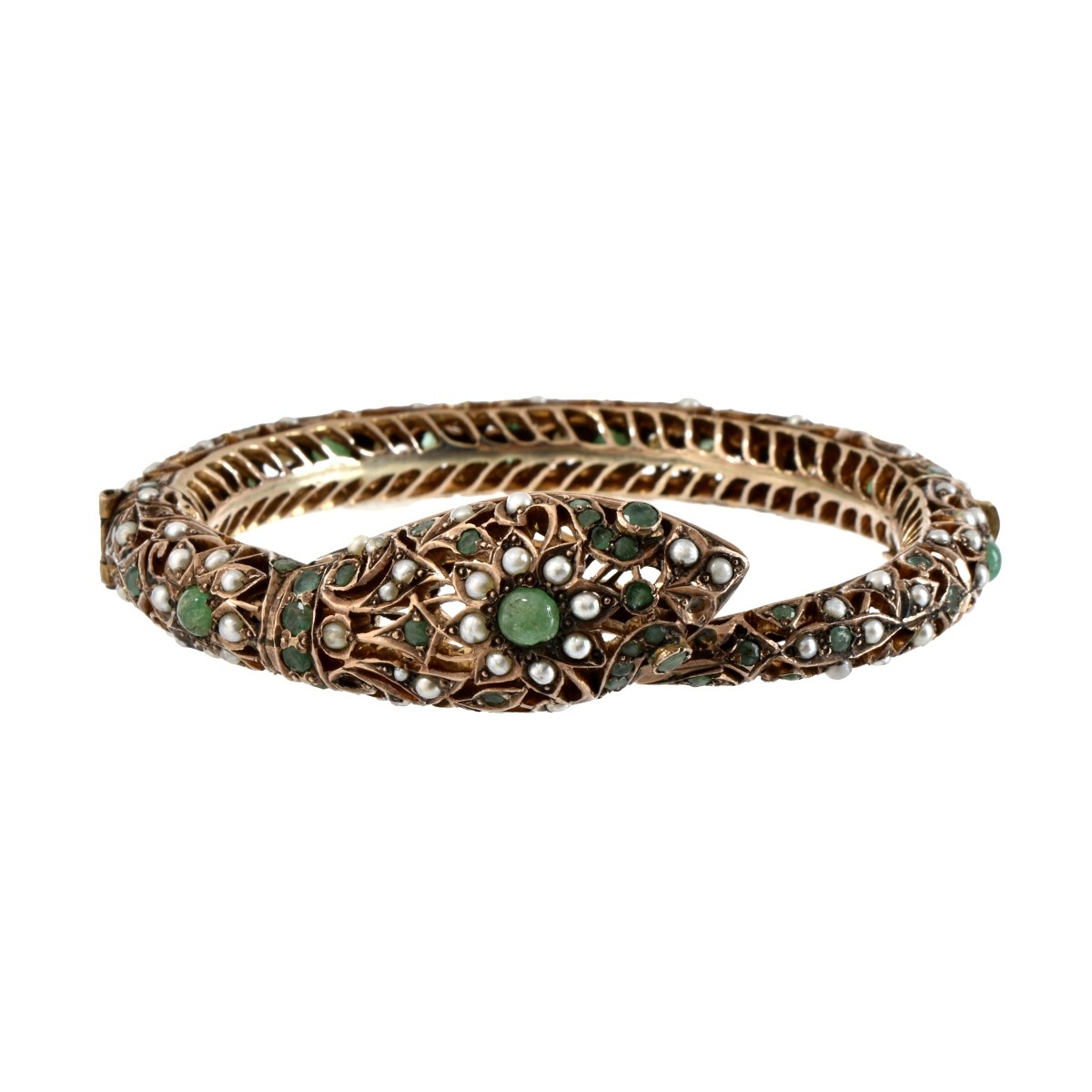 Emerald, Pearl and 14K Snake Bangle