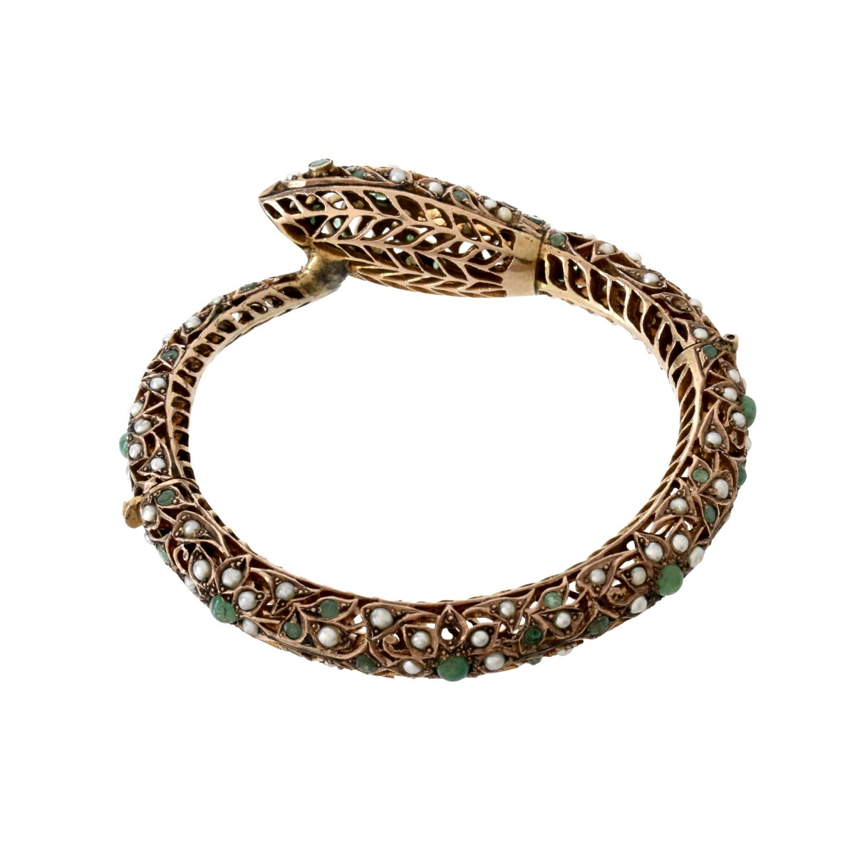 Emerald, Pearl and 14K Snake Bangle