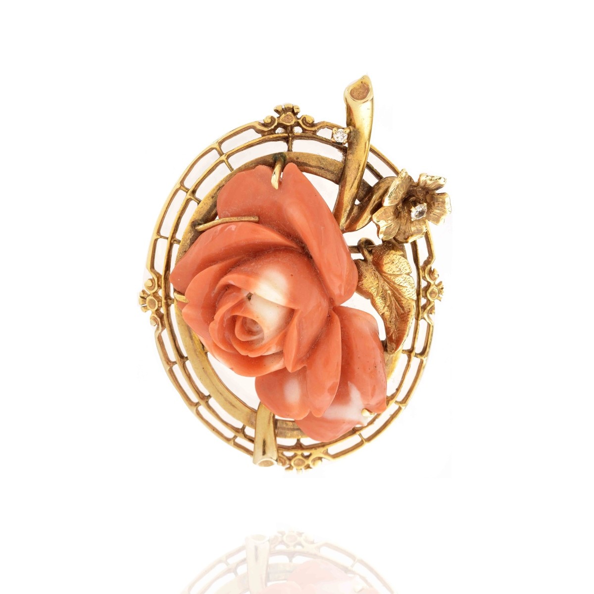 Coral, Diamond and 14K Pendant