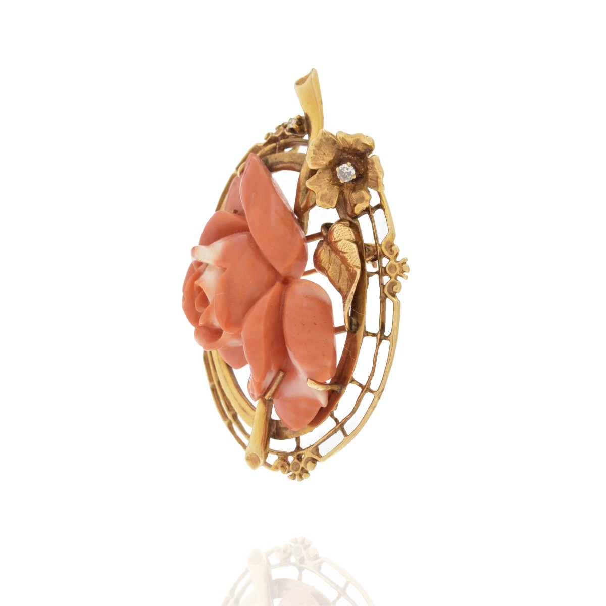 Coral, Diamond and 14K Pendant