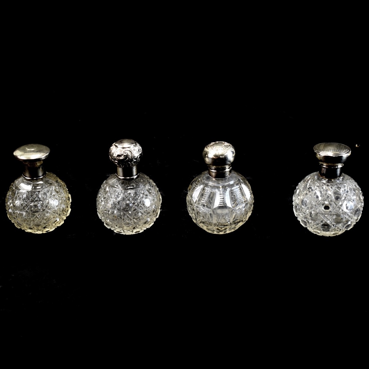 4 English Perfume Bottles w Sterling Tops