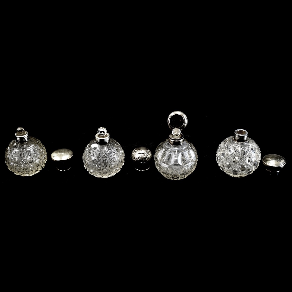4 English Perfume Bottles w Sterling Tops