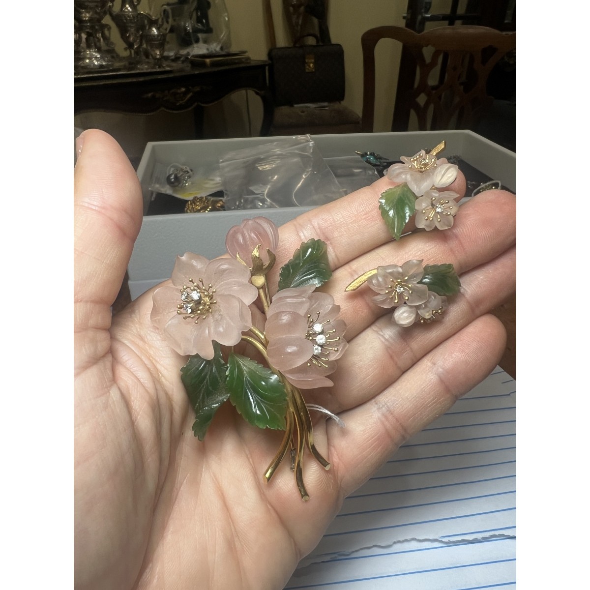 Quartz, Jade and 18K Brooch and Earrings