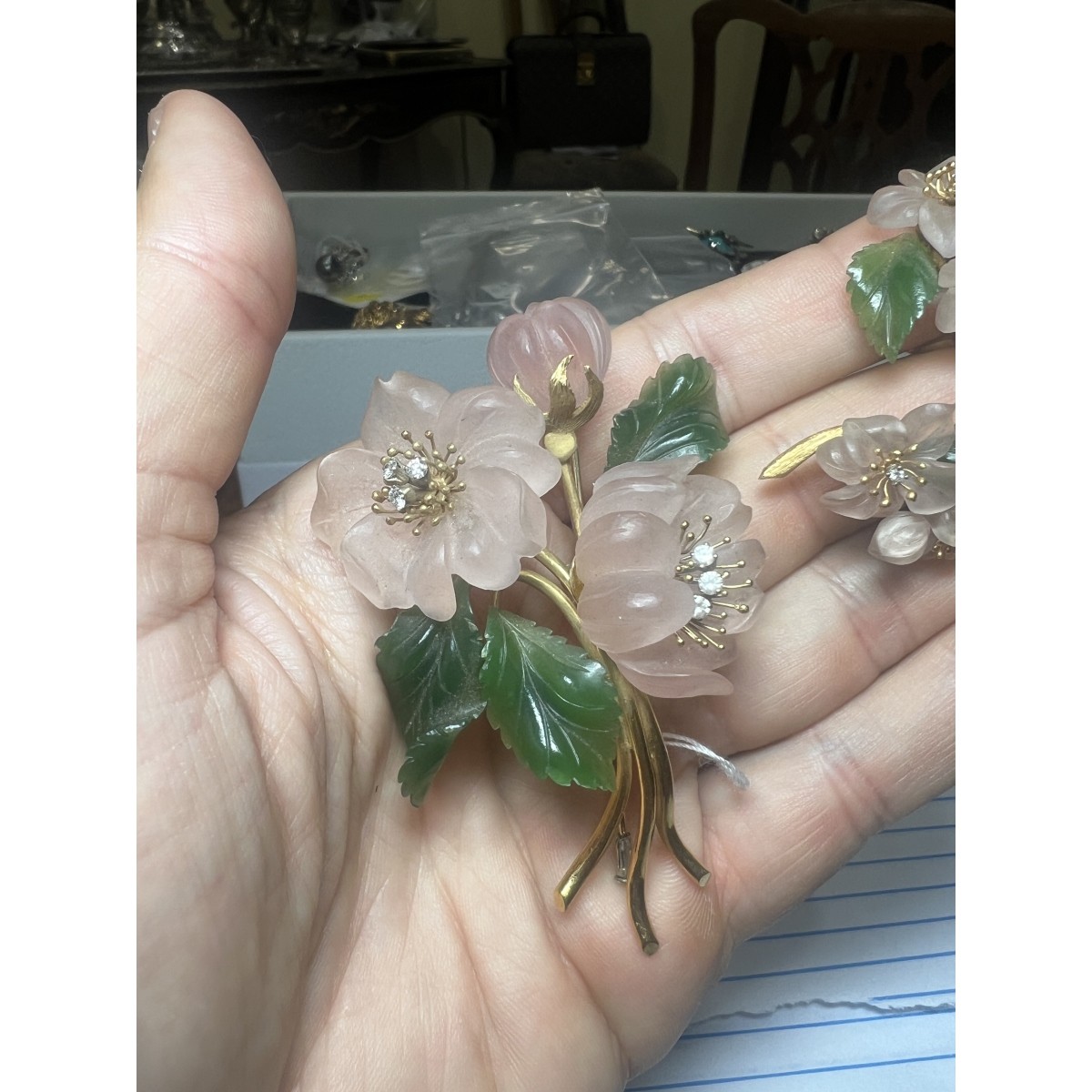 Quartz, Jade and 18K Brooch and Earrings