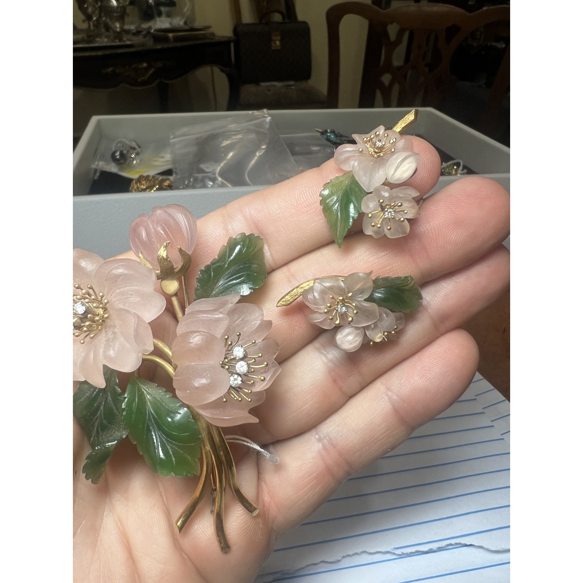 Quartz, Jade and 18K Brooch and Earrings