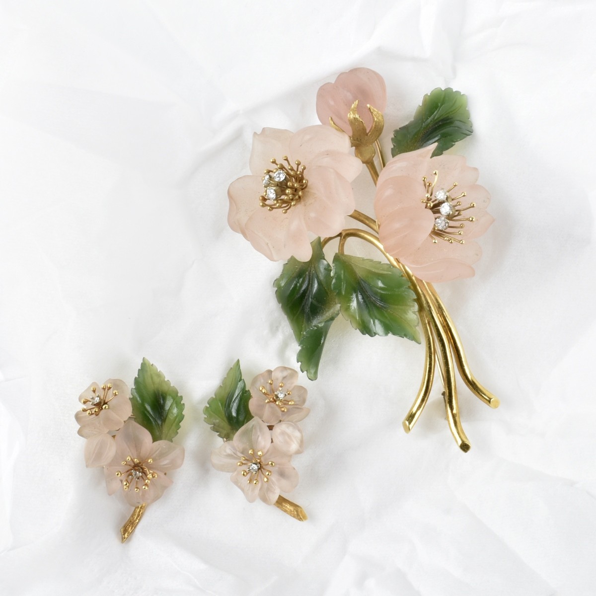 Quartz, Jade and 18K Brooch and Earrings