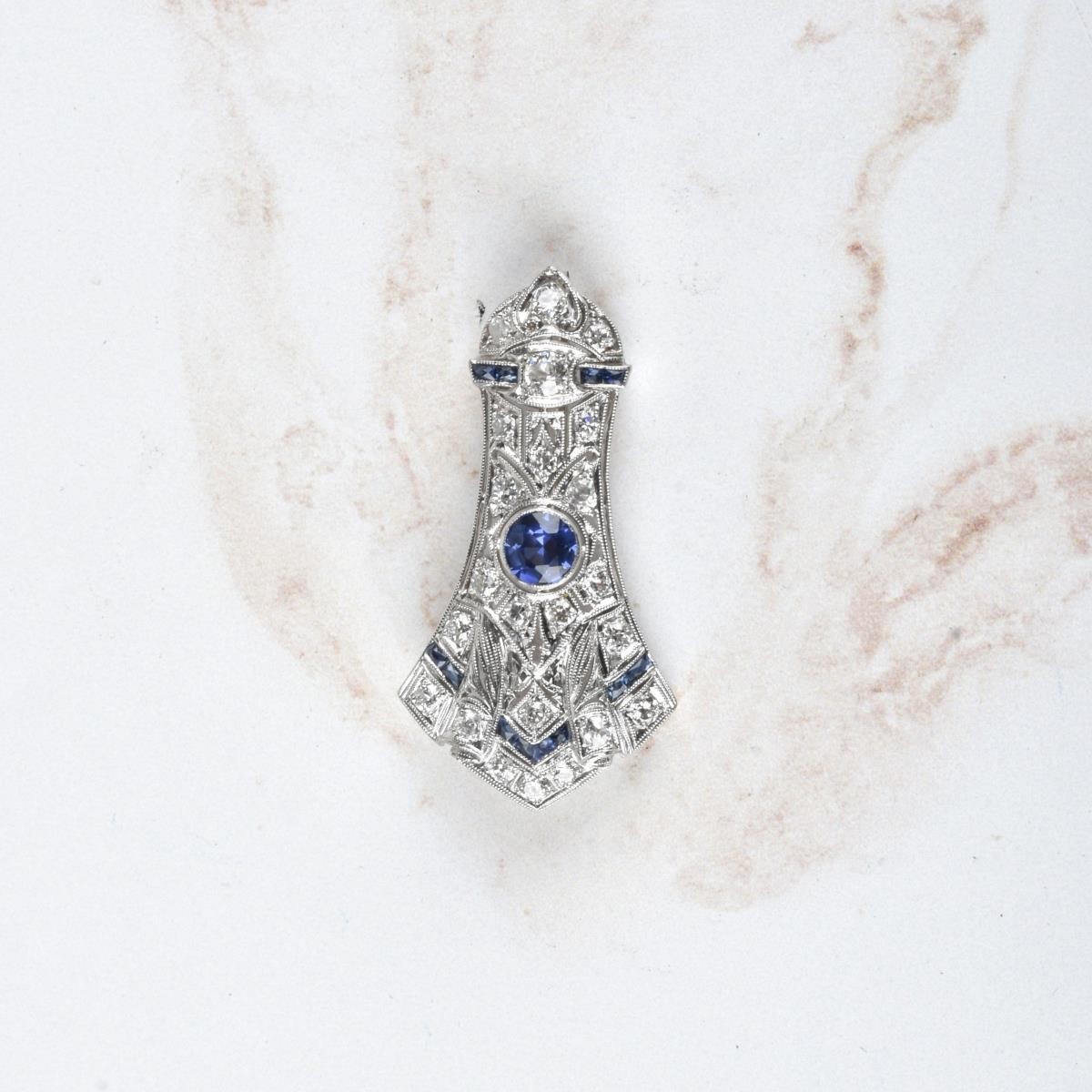 Deco Diamond, Sapphire, Platinum Brooch