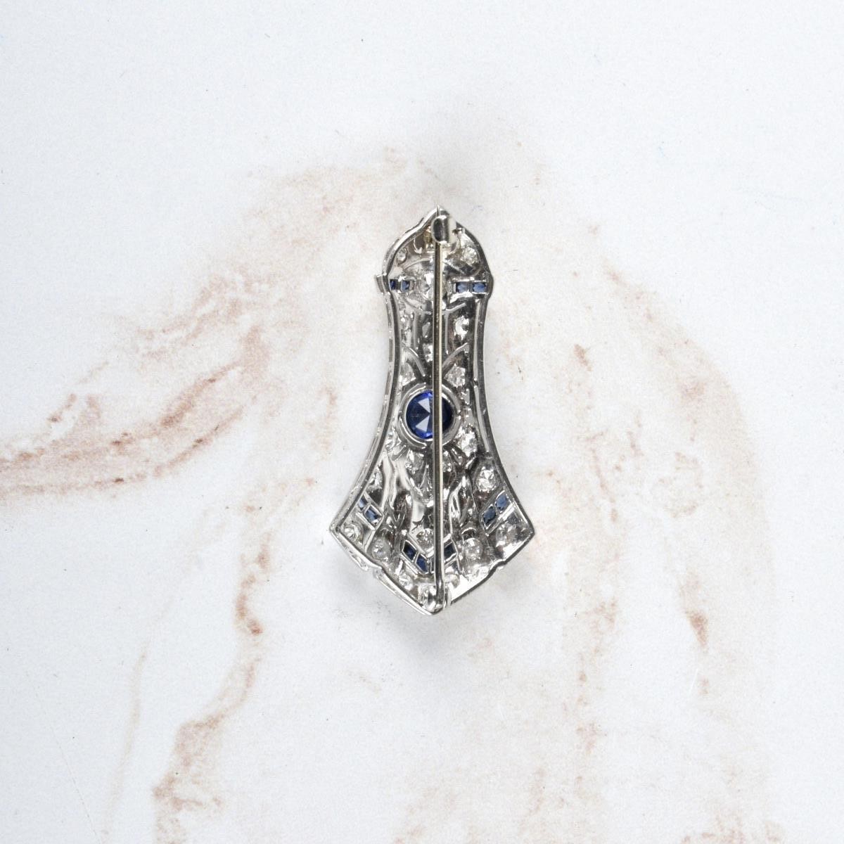 Deco Diamond, Sapphire, Platinum Brooch