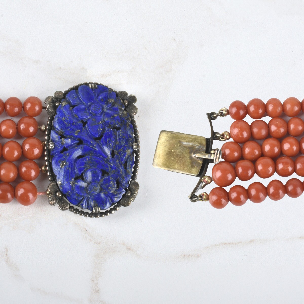 Red Coral, Lapis and Silver Bracelet