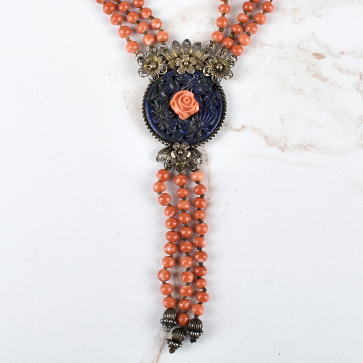 Red Coral, Lapis and Silver Necklace