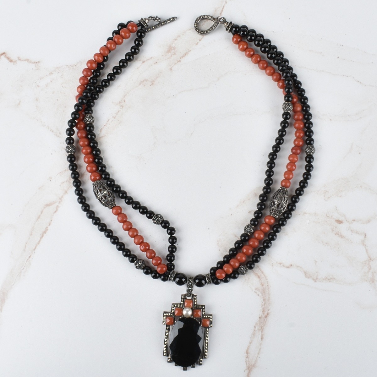 Deco Coral, Onyx and Silver Pendant Necklace